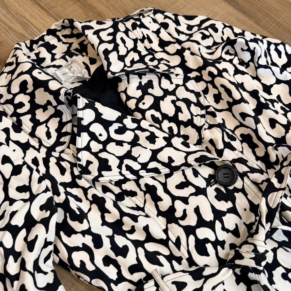 Alberto Makali Black White Leopard Print Belted Trench Coat Lined Size 8